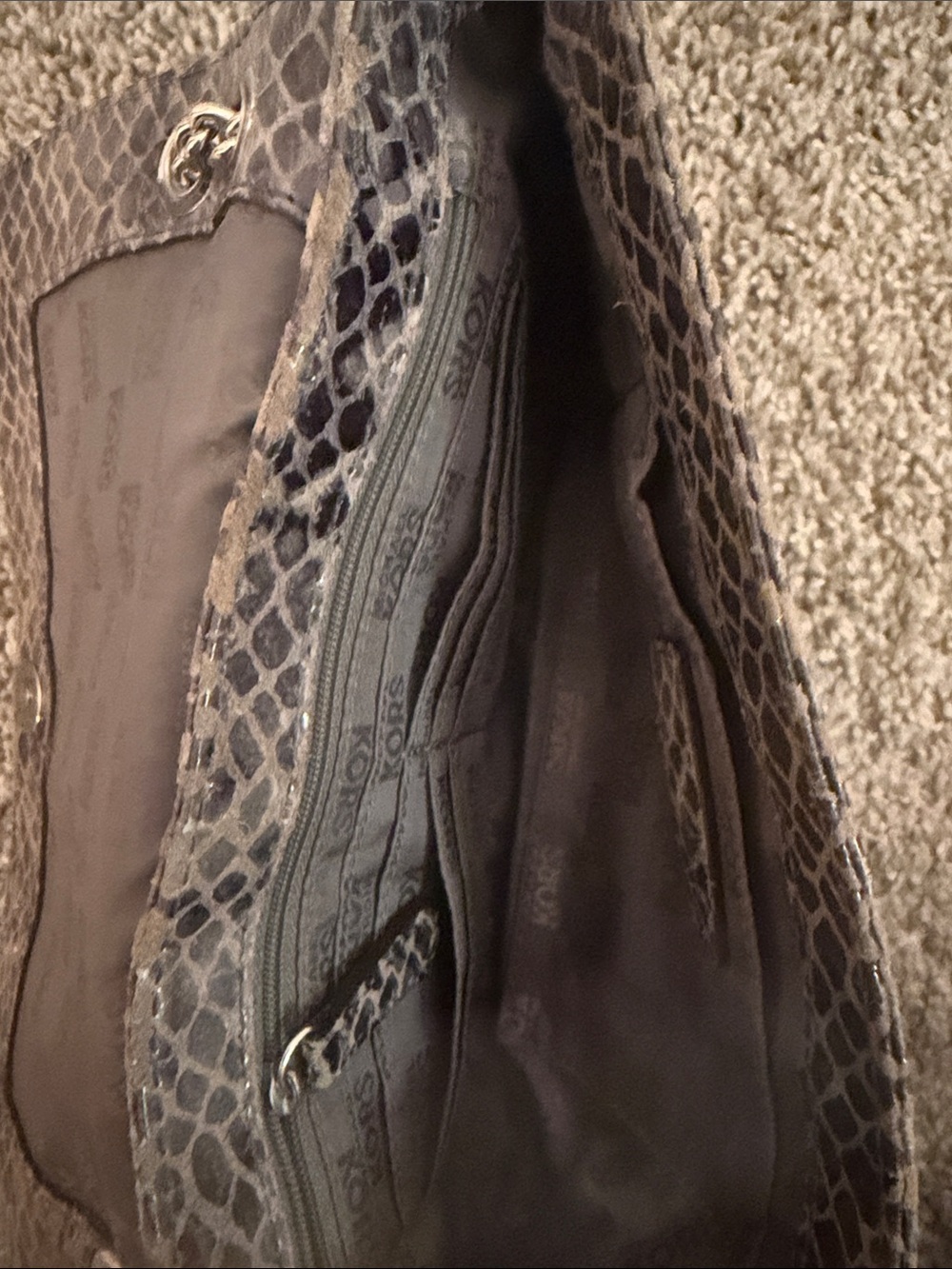 Michael Kors Gray Snake-Embossed Chain Shoulder Bag with MK Medallion - Picture 6 of 6